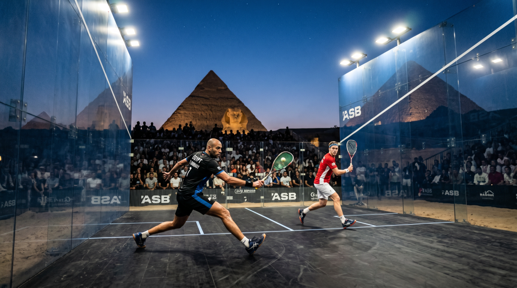 A dramagtic, high-end cinematic scene of a professional squash match played on a transparent galls court set against the Great Pyramids of Giza, at night or late evening.