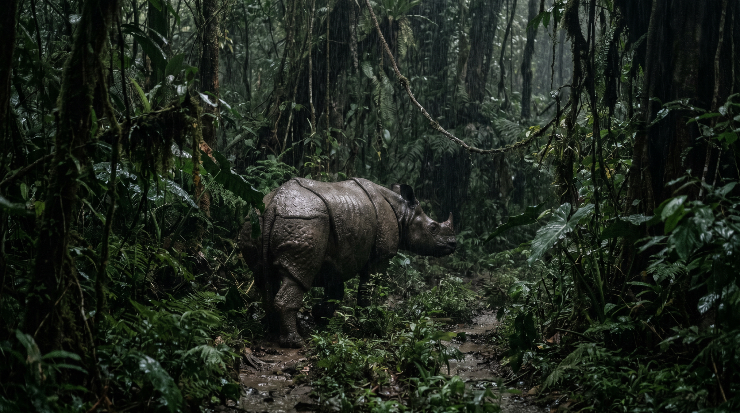 Javan rhinoceros in forest habitat, representing extinction risk and slow environmental violence.